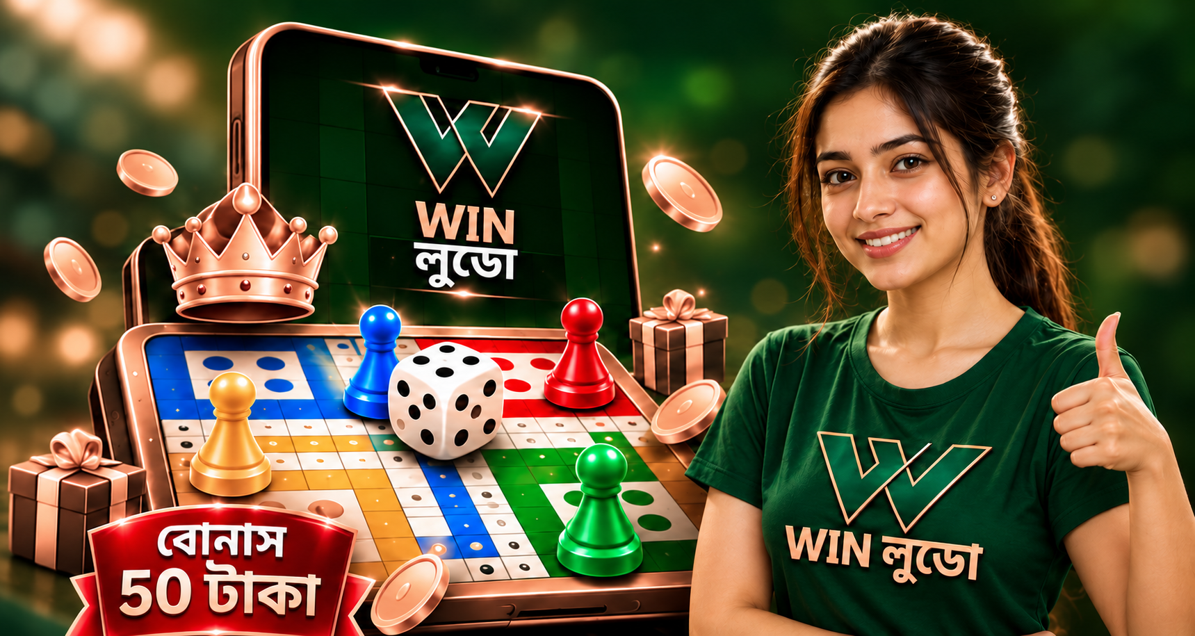 WinLudo সবুজ টি-শার্ট পরা হাস্যোজ্জ্বল নারী, লুডো বোর্ড, গেমের ফোন ও বোনাস ব্যাজ